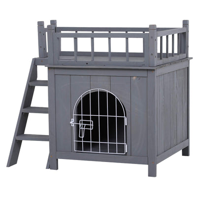 PawHut Deluxe Wooden Cat Shelter with Balcony and Locking Door