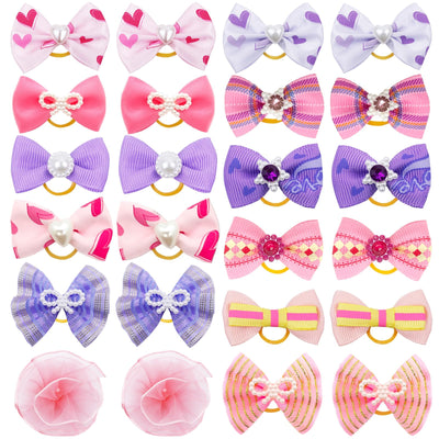REDANHA 24PCS Dog Hair Bows Cute Small Bowknot with Rubber Bands for Puppy Handmade Hair Accessories with Rhinestone Pearls Bow Pet Grooming Products