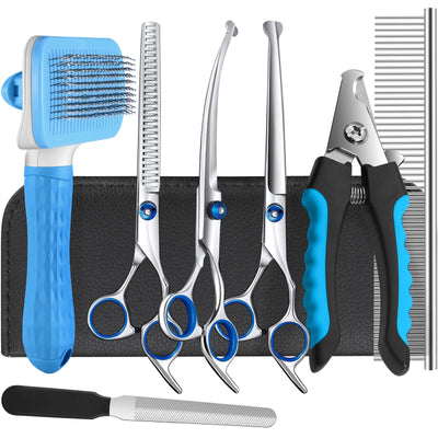 Dog Grooming Scissors Set - Includes Slicker Brush, Nail Clippers, Safety Round Tip