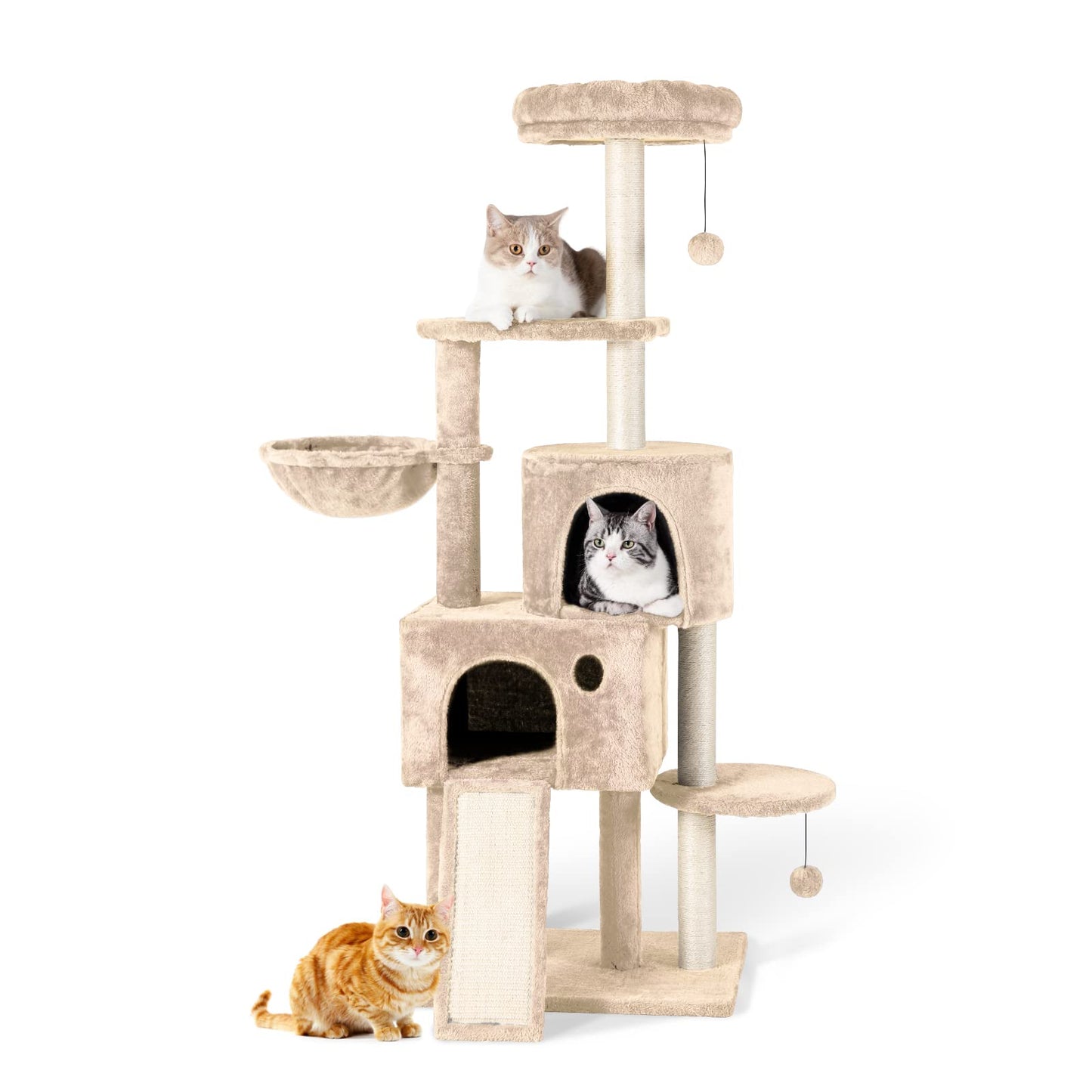TSCOMON Multi-Level Cat Tree Cat Tower for Indoor Cats Plush Perch with Cat Condos and Scratching Posts with Hammock Basket and Hanging Ball Beige