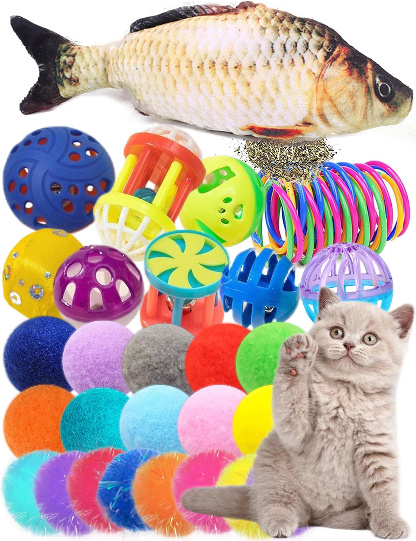 DIYUQISHI Cat Toys Variety Pack – 33pcs Set with Catnip Fish Bell Balls Plush & Reflective Balls for Indoor Cats – Fun and Safe Toys for Cats