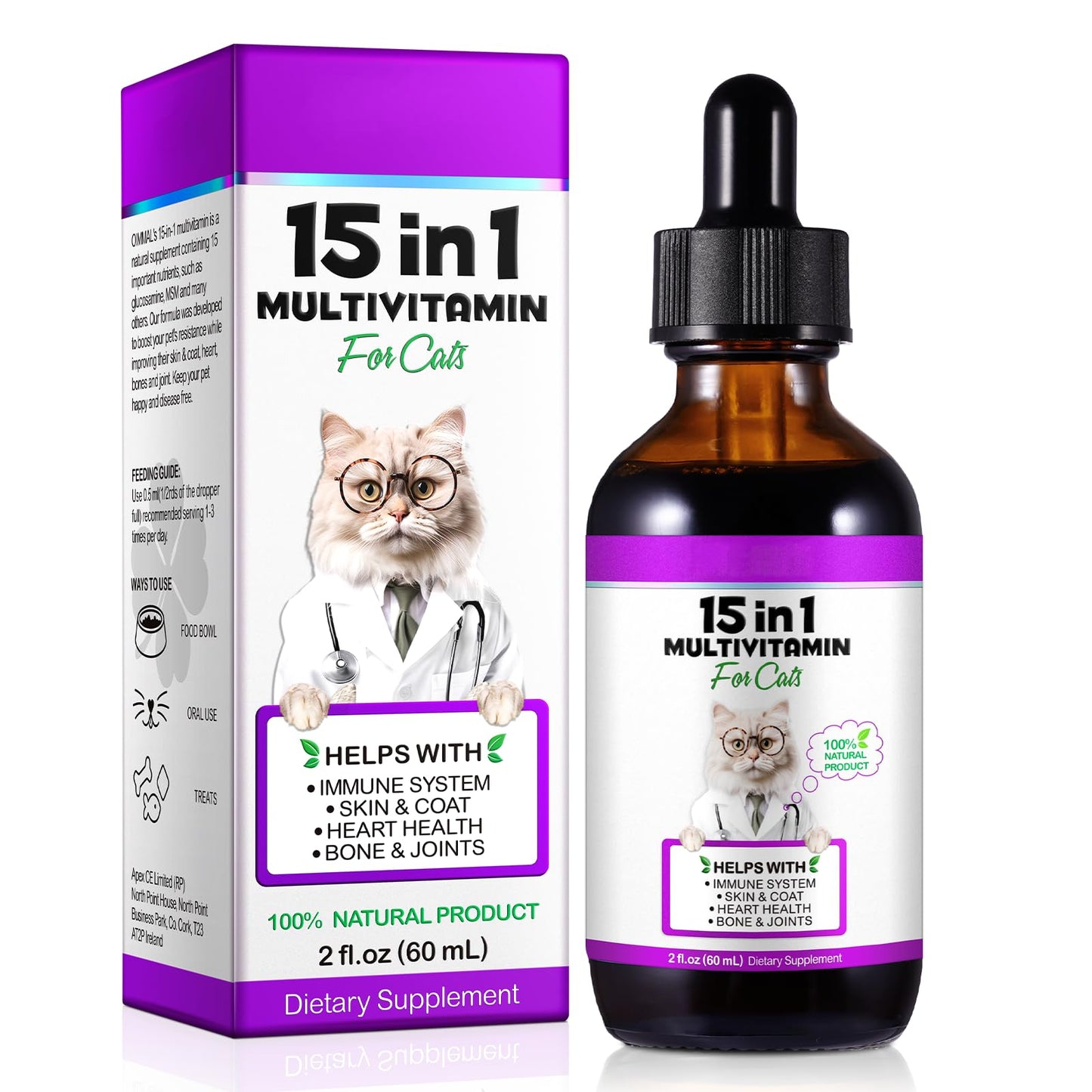 Cat Multivitamin - 15 in 1 Multivitamin Drops for Cats Cat Supplements Vitamins with Glucosamine & MSM Supports Joint Care Skin & Coat Pets Supplies Vitamins for Cats Bacon Flavor - 2 Fl Oz / 60ml