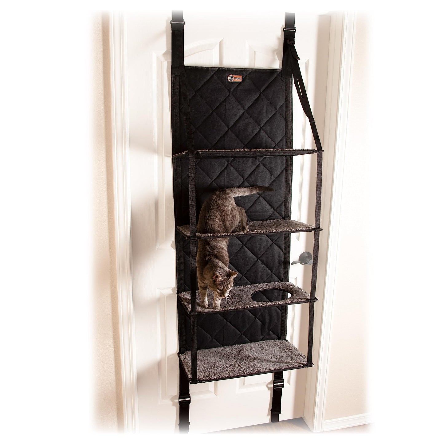 K&H PET PRODUCTS Hangin’ Cat Tree - Door Mounted Climber Cat Wall Perch Furniture Cat Hammock for Indoor Hanging / Elevated Bed - 4 Story Gray 12 X 22 X 65 Inches