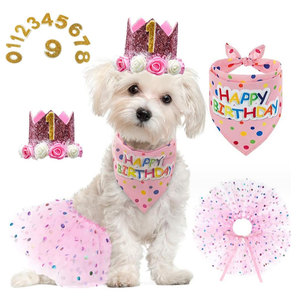 Anelekor Pink Girl Dog Birthday Hat and Bandanas Set Cat Birthday Outfit Pet Crown Hat with 0-9 Figures Polk dot Puppy Tutu Skirt Birthday Party Supplies for Small Medium Dog Cat (A) (Pink)