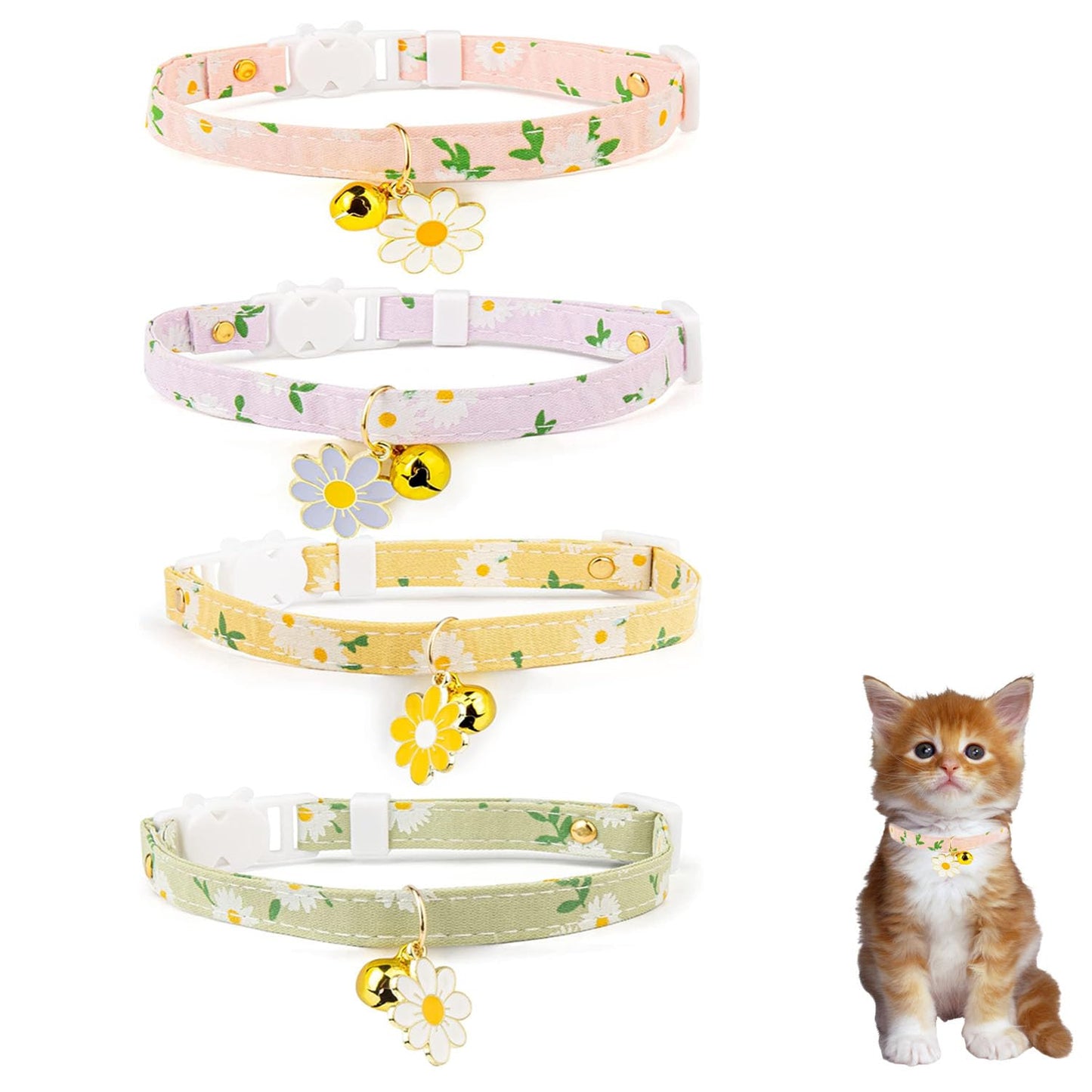 4 Pack Cotton Breakaway Cat Collar with BellSafety Adjustable Cat Collars Set with Flower PendantIdeal for Girl Cats Boy Cats