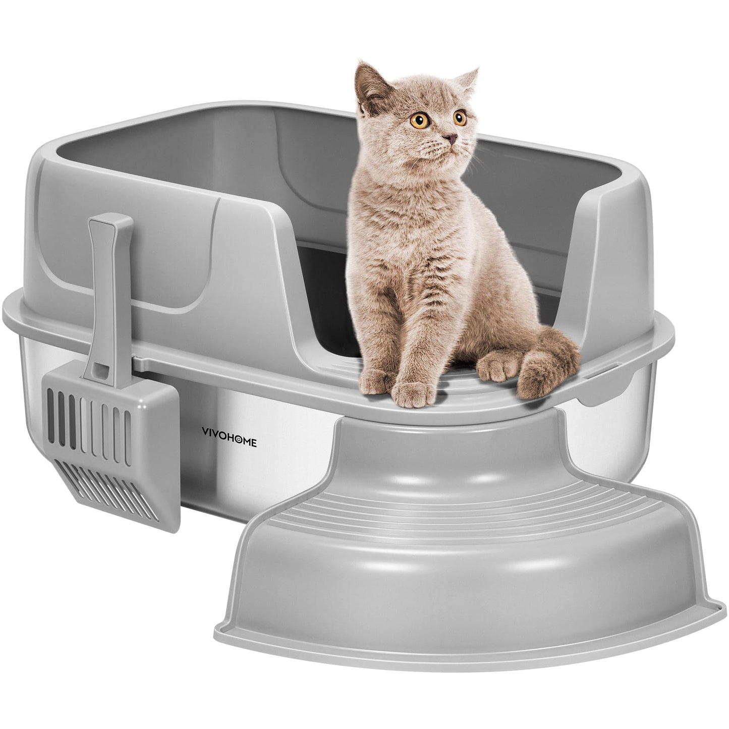 VIVOHOME XL Stainless Steel Cat Litter Box with Cover and Steps 23 x 17 x 12 Large Metal Litter Box for Cats with Scoop Easy to Clean Non-Slip Ideal for Big or Multiple Cats Light Gray