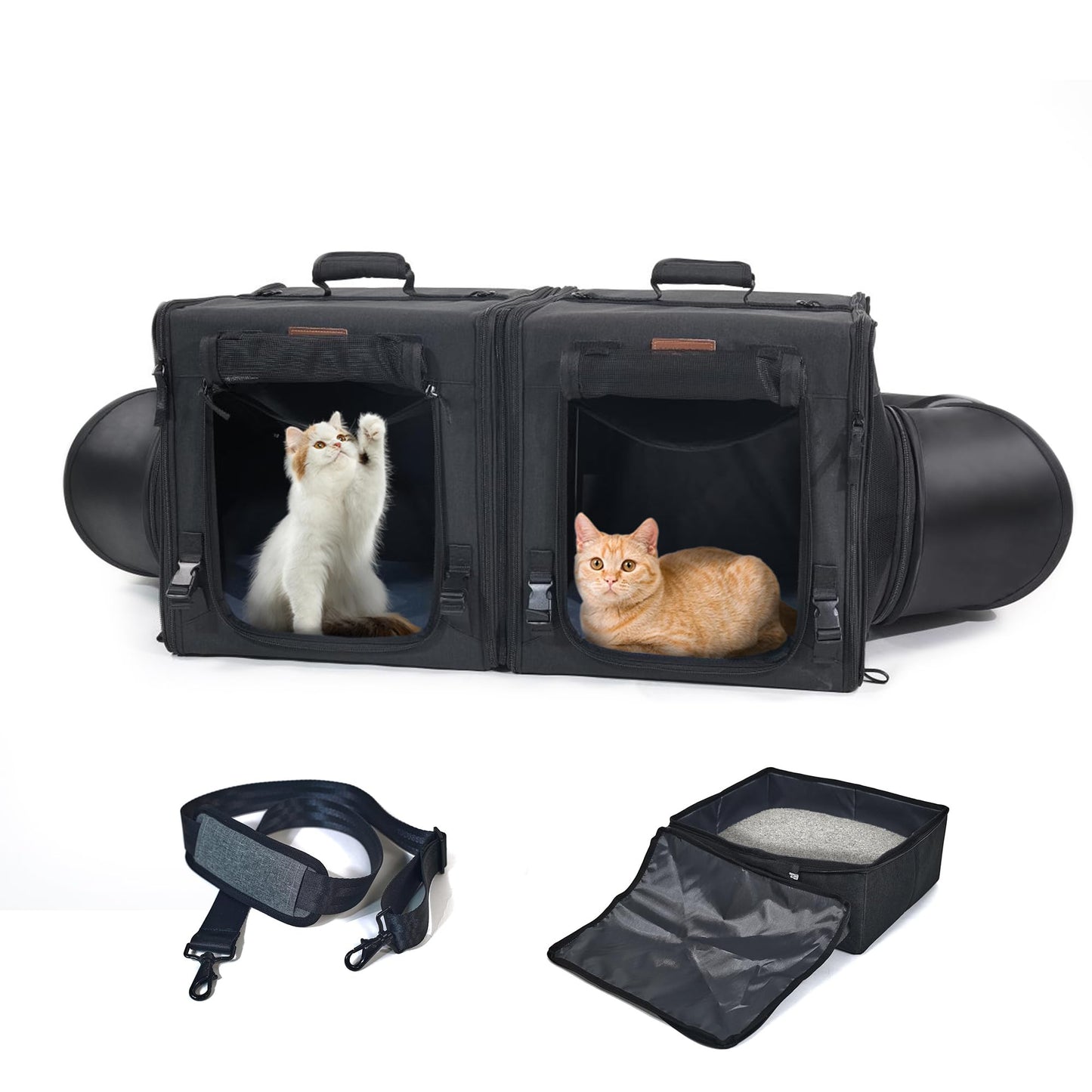 Dual Cat Portable Carrier with Built-in Litter Box, Large Black