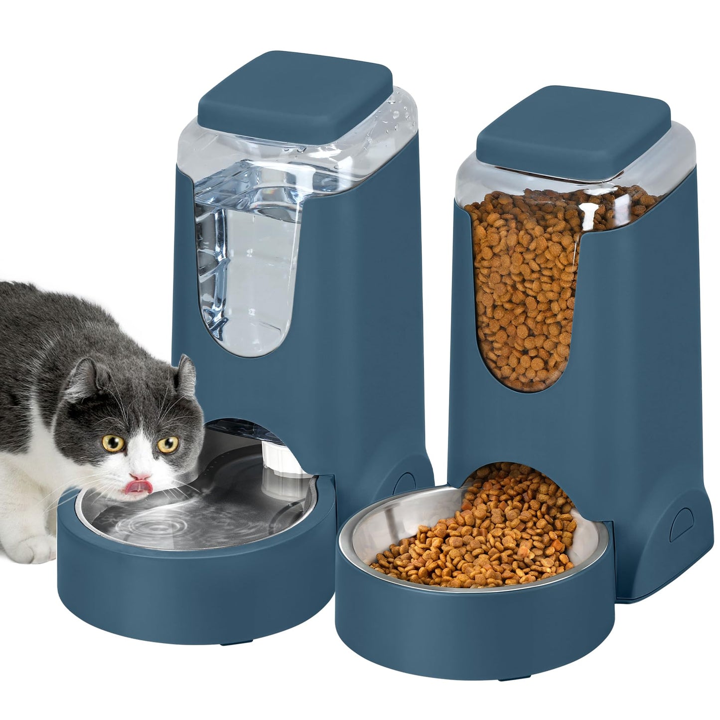 2 Pack Pet Food & Water Gravity Dispensers Set - Navy Blue