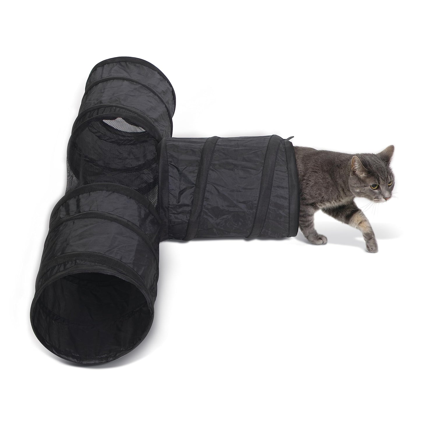 K&H Pet Products Cat Tunnel Tube Toys 3 Way Collapsible Interactive Play Tube with Peek Hole for Indoor Cats Kittens Puppies Rabbits; Compatible with K&H Cat Towers - Black 33" x 20" x 9"