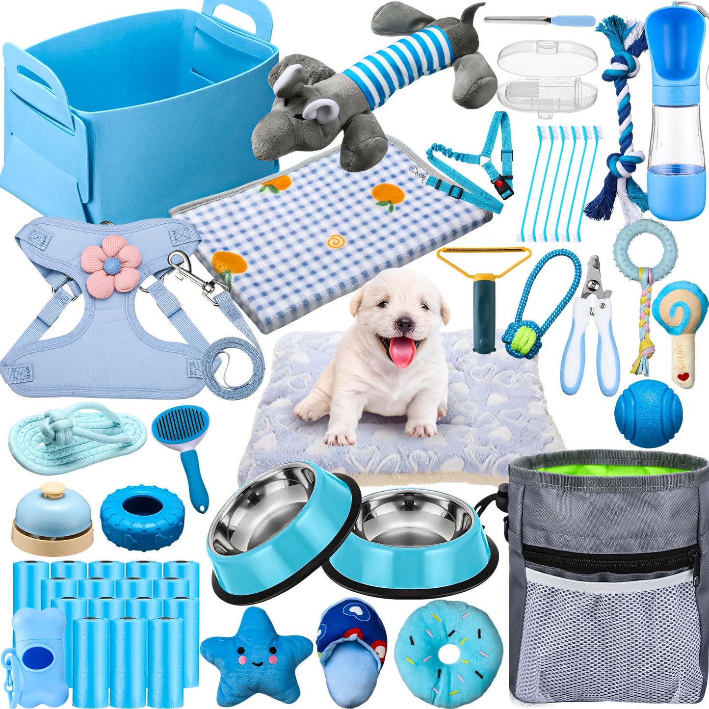 Abbylike 50 Pcs Puppy Starter Kit for Small Dogs Essentials Includes Dog Leash Bowls Teeth Brushes Water Bottle and More Puppy Accessories for Dogs Welcome Gift Supplies(Male)