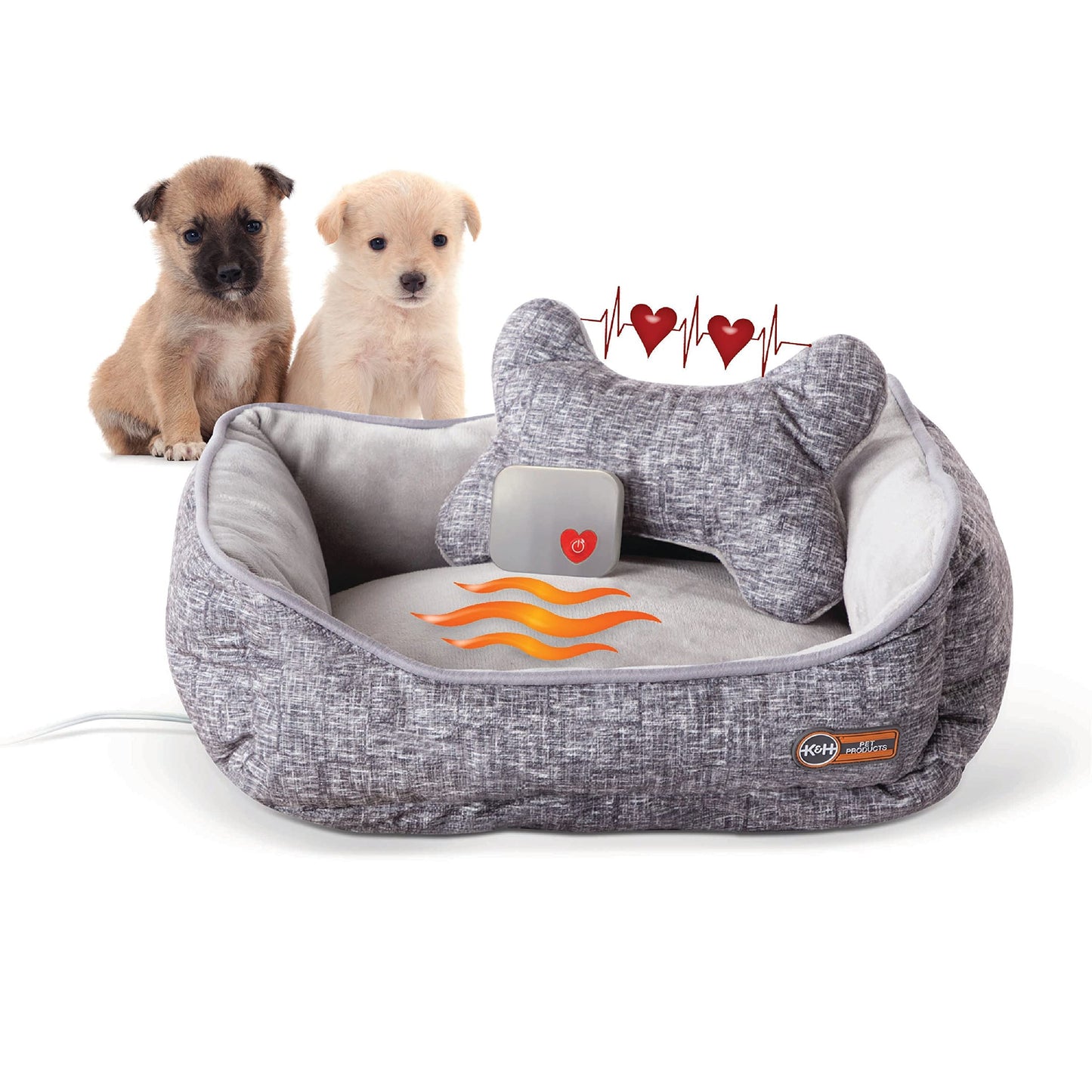K&H Pet Products Mothers Heartbeat Heated Dog Bed with Bone Pillow Heartbeat Puppy Toy New Puppy Essential Heated Puppy Bed + Dog Anxiety Toy - Gray 13 X 16 Inches w/ Medium Breed Heartbeat Rhythm