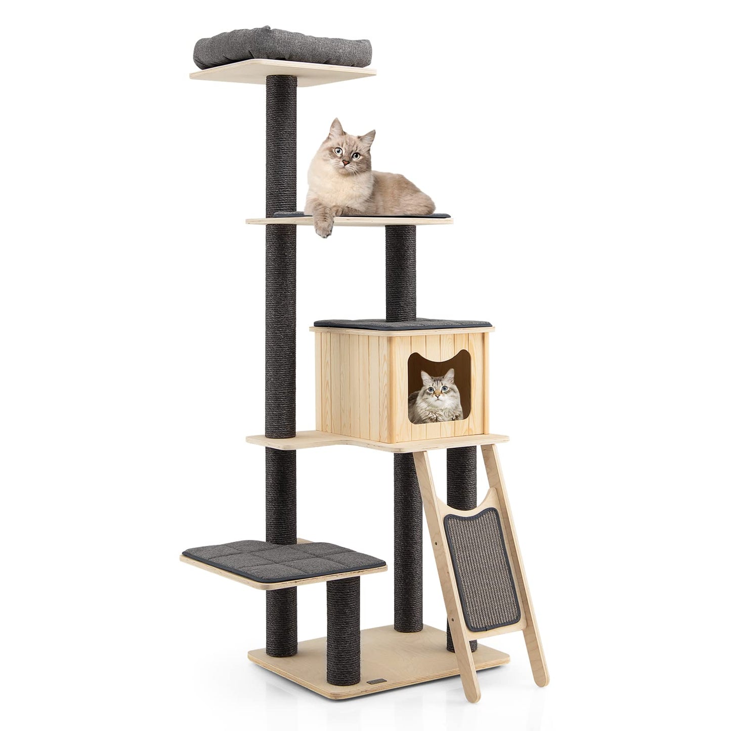 Modern Grey Wooden Cat Tower with Perch & Condo