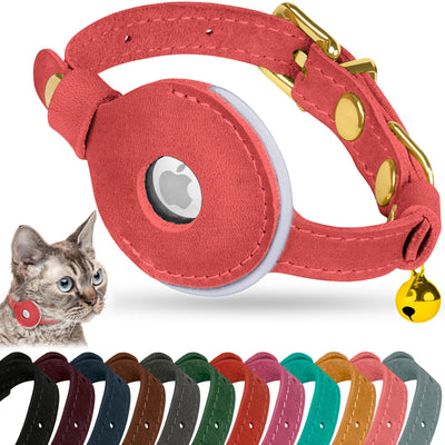 Adjustable, Reflective Leather AirTag Cat Collar with Bell