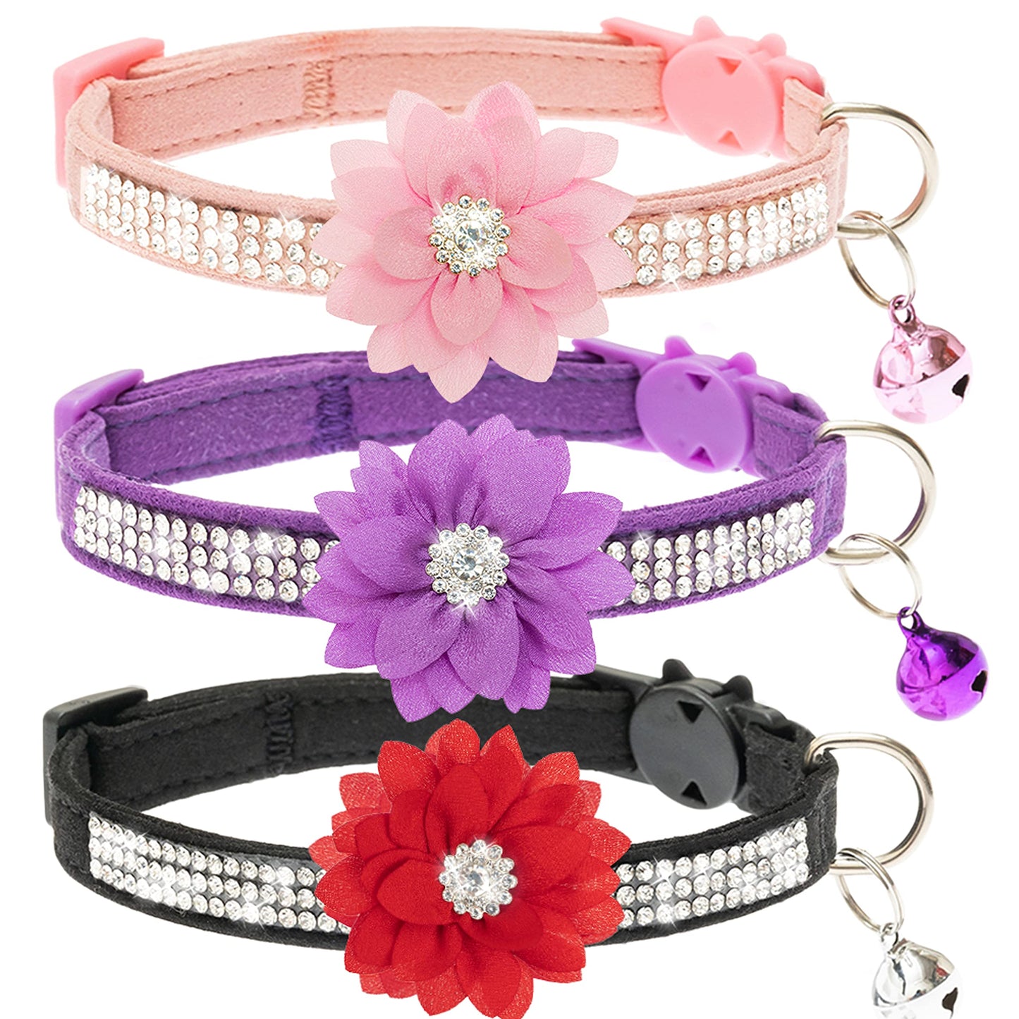 JVVGPET Breakaway Cat Collars - Flower Rhinestones Cute Cat Collars with Bell for Girl Boy Cats - Bling Soft Velvet Adjustable Pet Collars for Cats Puppy