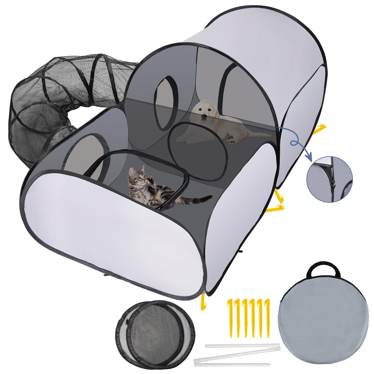 Ladadee 3-in-1 Cat Playpen with Surround Tunnel Portable Cat and Dog Play Pens for Indoor Cats Enclosed Outdoor Cat Tent with Carry Bag Cat Enclosure Tent House for Puppy Kitten Small Animals