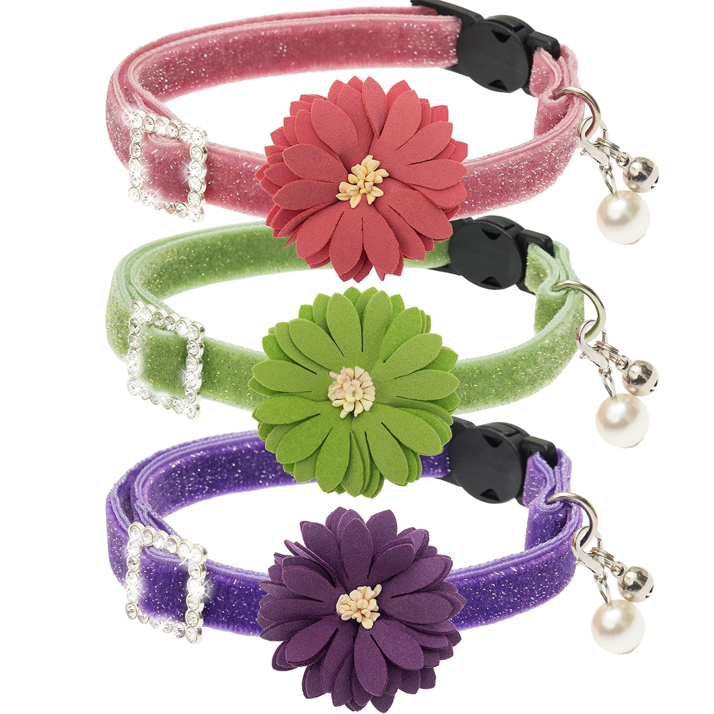 ZEEMIAS Breakaway Cat Collars with Bell - 3 Pack Flower Bling Cute Cat Collars for Girl Boy Cats - Adjustable Soft Velvet Cat Collar Accessories for Kitten Adult Cats Puppy
