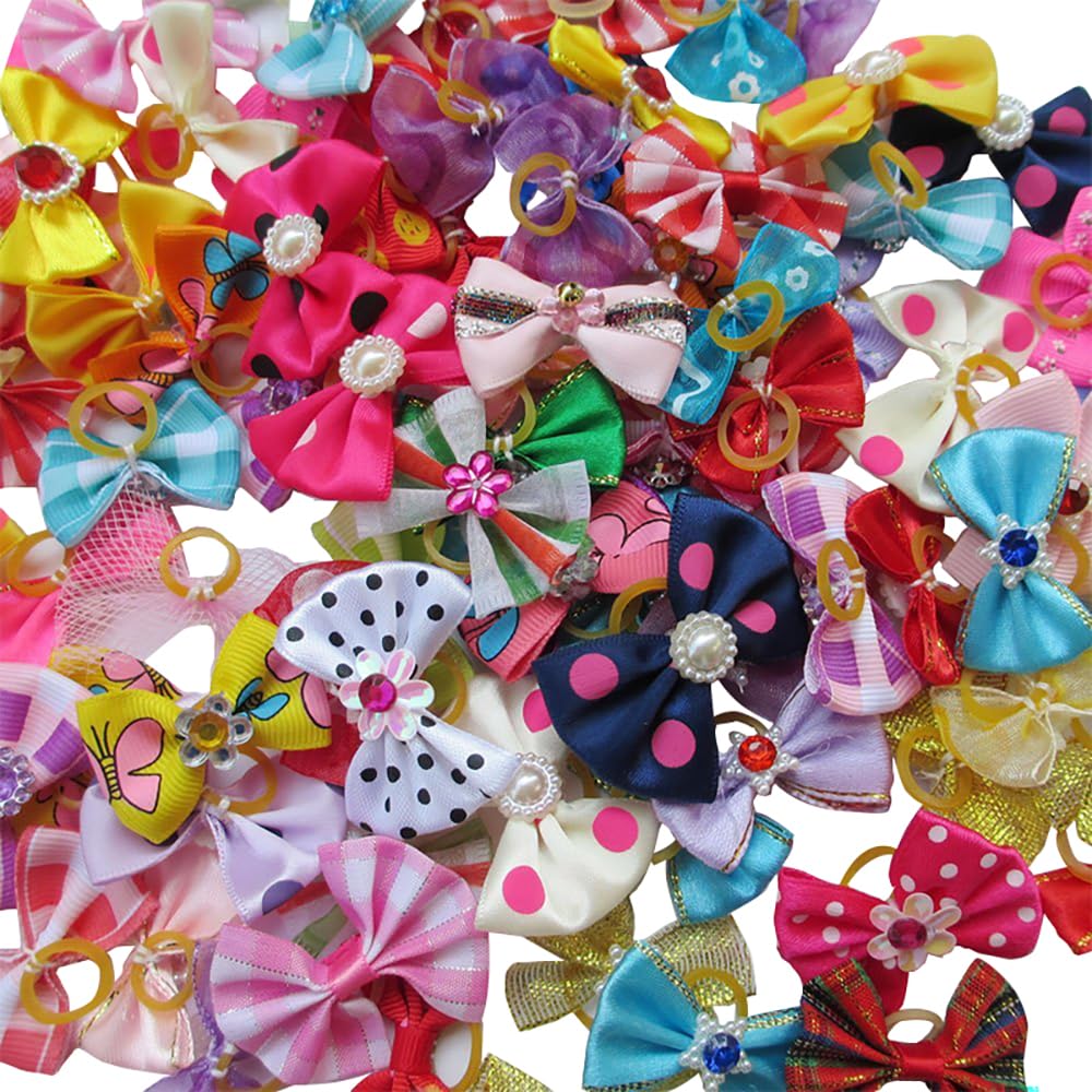 Chenkou Craft Random of 50pcs Puppy Yorkie Dog Hair Bow With Rubber Band Rhinestone Pet Grooming Products Mix Colors Varies Patterns Pet Hair Bows Dog Accessories (50)
